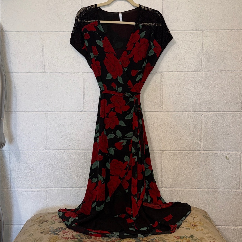 Floral Wrap Midi Dress with Lace Shoulders - Black & Red